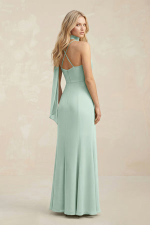 Cowl Neck Sheath Chiffon Maxi Bridesmaid Dress With Ribbon in Sage (2) | KISSBRIDAL