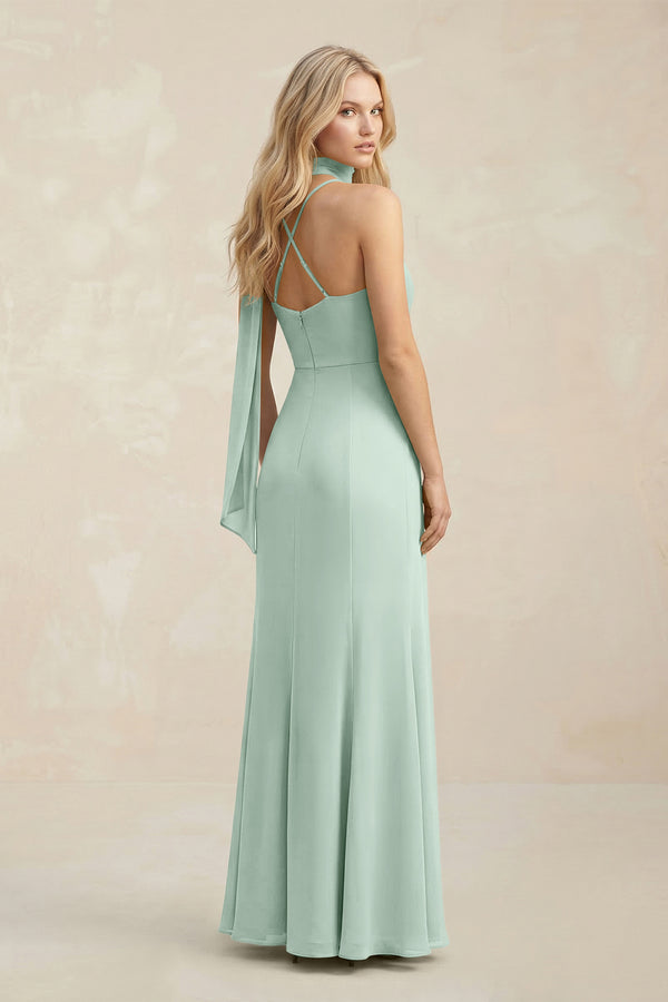 Cowl Neck Sheath Chiffon Maxi Bridesmaid Dress With Ribbon in Sage (2) | KISSBRIDAL