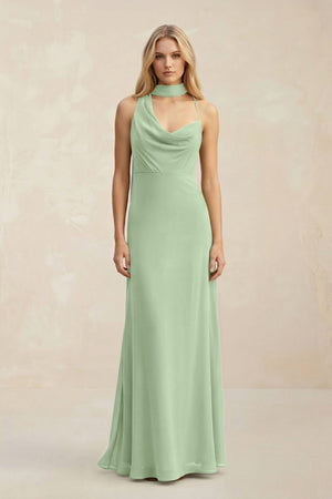 Cowl Neck Sheath Chiffon Maxi Bridesmaid Dress With Ribbon in Sage - SHE IS ME Bridesmaid Dresses