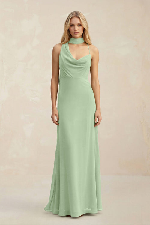 Cowl Neck Sheath Chiffon Maxi Bridesmaid Dress With Ribbon in Sage - SHE IS ME Bridesmaid Dresses