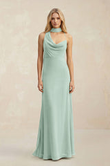 Cowl Neck Sheath Chiffon Maxi Bridesmaid Dress With Ribbon in Sage | KISSBRIDAL