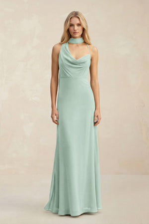 Cowl Neck Sheath Chiffon Maxi Bridesmaid Dress With Ribbon in Sage | KISSBRIDAL