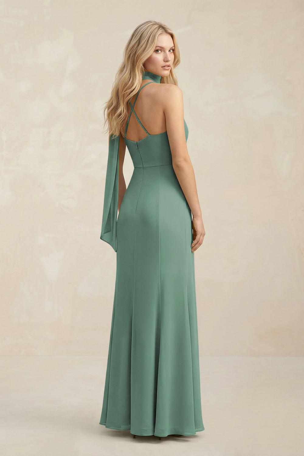 Cowl Neck Sheath Chiffon Maxi Bridesmaid Dress With Ribbon in Sea Glass