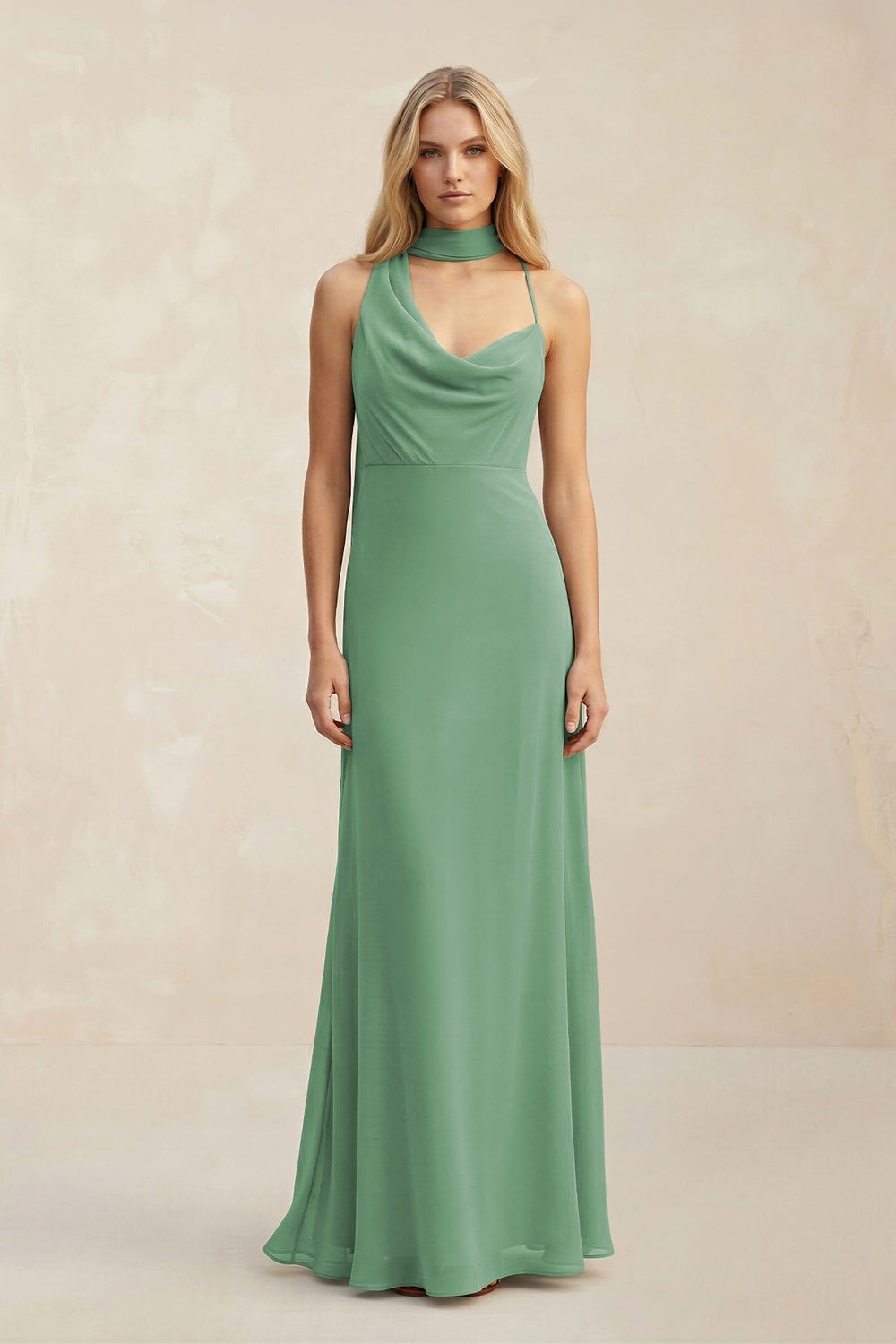 Cowl Neck Sheath Chiffon Maxi Bridesmaid Dress With Ribbon in Sea Glass - KISS BRIDAL Bridesmaid Dresses