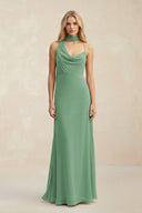 Cowl Neck Sheath Chiffon Maxi Bridesmaid Dress With Ribbon in Sea Glass - KISS BRIDAL Bridesmaid Dresses