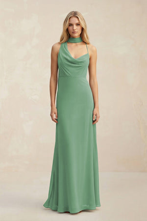 Cowl Neck Sheath Chiffon Maxi Bridesmaid Dress With Ribbon in Sea Glass - KISS BRIDAL Bridesmaid Dresses