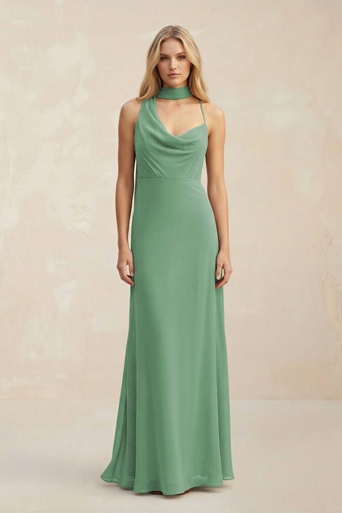 Cowl Neck Sheath Chiffon Maxi Bridesmaid Dress With Ribbon in Sea Glass - KISS BRIDAL Bridesmaid Dresses