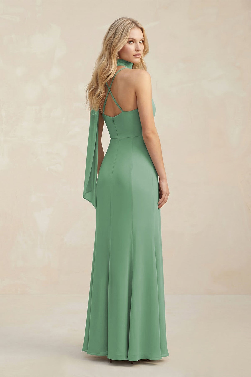 Cowl Neck Sheath Chiffon Maxi Bridesmaid Dress With Ribbon in Sea Glass - KISS BRIDAL Bridesmaid Dresses