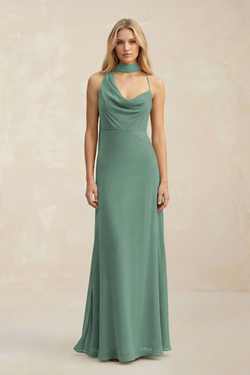 Cowl Neck Sheath Chiffon Maxi Bridesmaid Dress With Ribbon in Sea Glass