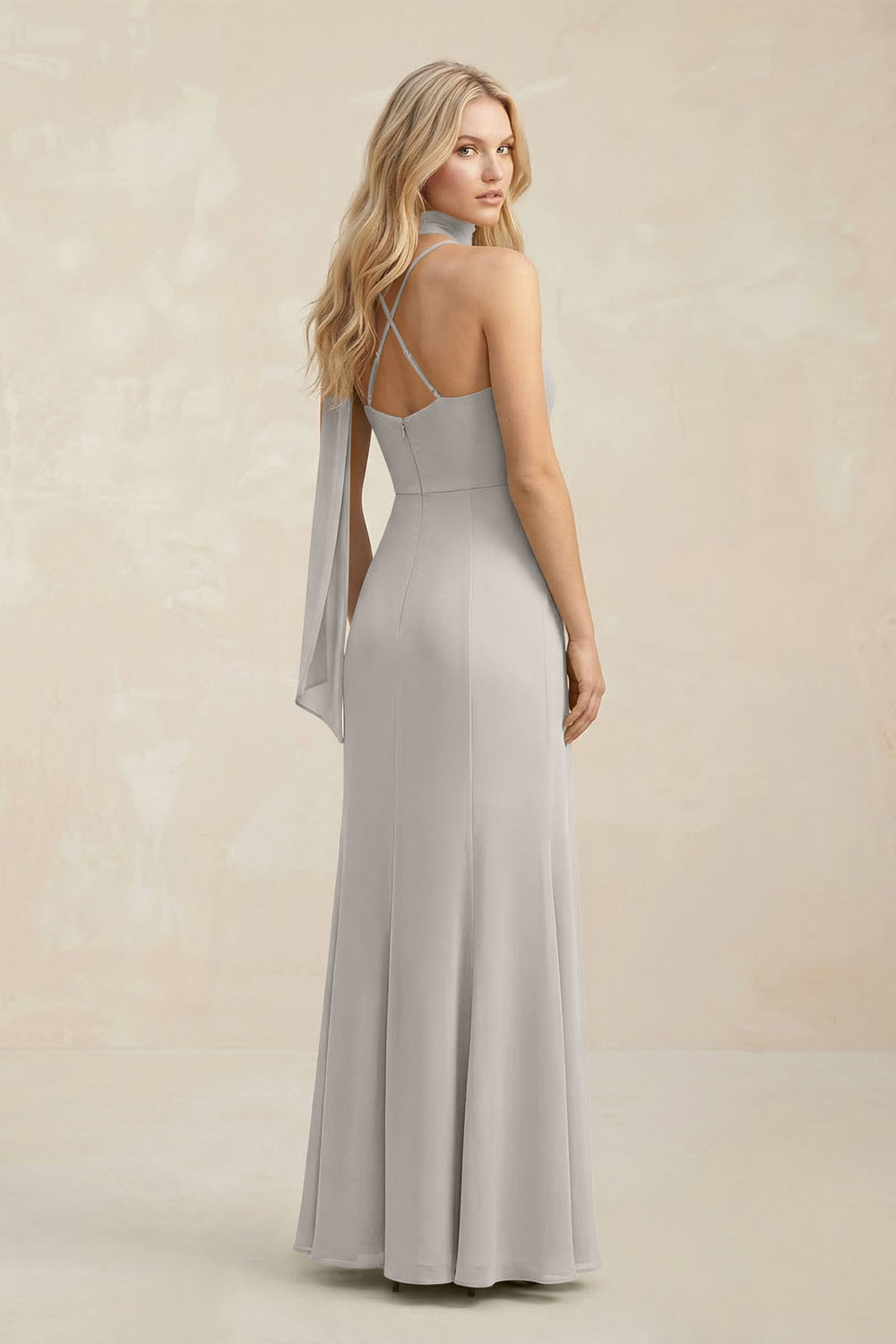 Cowl Neck Sheath Chiffon Maxi Bridesmaid Dress With Ribbon in Silver - KISS BRIDAL Bridesmaid Dresses