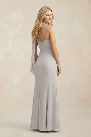 Cowl Neck Sheath Chiffon Maxi Bridesmaid Dress With Ribbon in Silver - SHE IS ME Bridesmaid Dresses