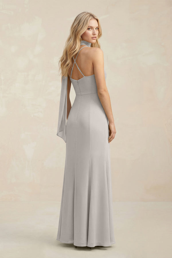 Cowl Neck Sheath Chiffon Maxi Bridesmaid Dress With Ribbon in Silver - SHE IS ME Bridesmaid Dresses