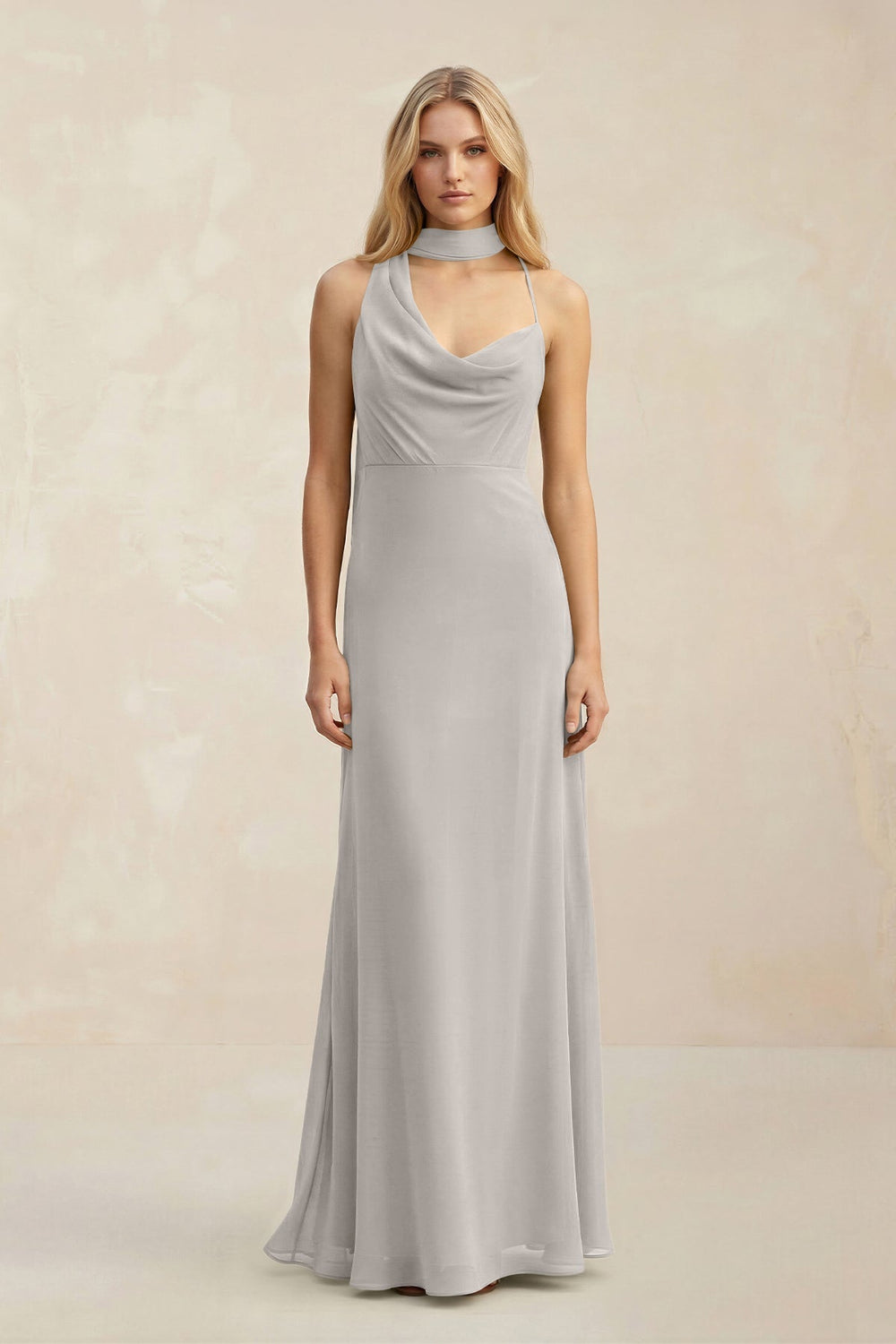 Cowl Neck Sheath Chiffon Maxi Bridesmaid Dress With Ribbon in Silver - KISS BRIDAL Bridesmaid Dresses