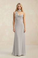 Cowl Neck Sheath Chiffon Maxi Bridesmaid Dress With Ribbon in Silver - SHE IS ME Bridesmaid Dresses