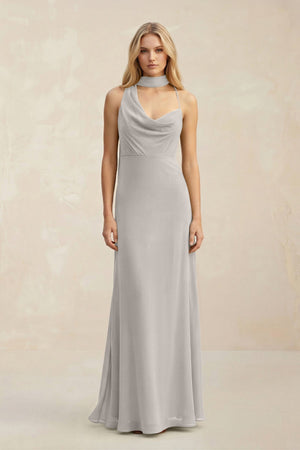 Cowl Neck Sheath Chiffon Maxi Bridesmaid Dress With Ribbon in Silver - SHE IS ME Bridesmaid Dresses