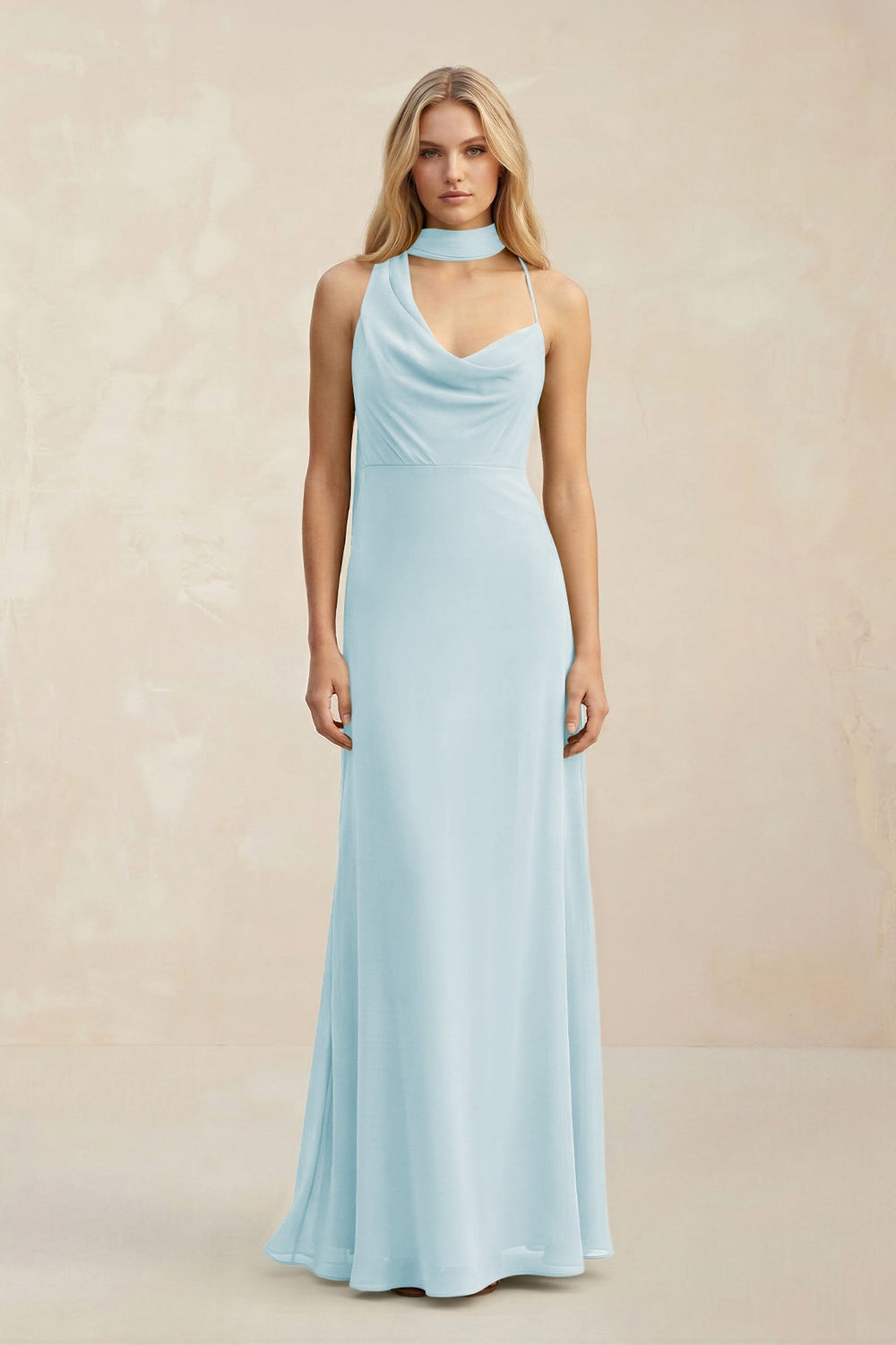 Cowl Neck Sheath Chiffon Maxi Bridesmaid Dress With Ribbon in Sky Blue - KISS BRIDAL Bridesmaid Dresses