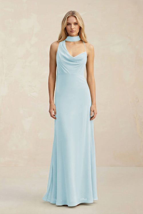 Cowl Neck Sheath Chiffon Maxi Bridesmaid Dress With Ribbon in Sky Blue - SHE IS ME Bridesmaid Dresses
