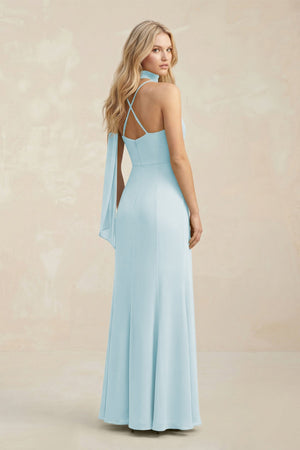 Cowl Neck Sheath Chiffon Maxi Bridesmaid Dress With Ribbon in Sky Blue - SHE IS ME Bridesmaid Dresses
