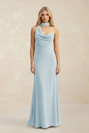 Cowl Neck Sheath Chiffon Maxi Bridesmaid Dress With Ribbon in Sky Blue | KISSBRIDAL