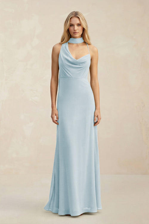Cowl Neck Sheath Chiffon Maxi Bridesmaid Dress With Ribbon in Sky Blue | KISSBRIDAL