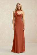 Cowl Neck Sheath Chiffon Maxi Bridesmaid Dress With Ribbon in Spice - SHE IS ME Bridesmaid Dresses