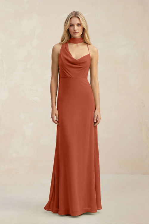 Cowl Neck Sheath Chiffon Maxi Bridesmaid Dress With Ribbon in Spice - SHE IS ME Bridesmaid Dresses