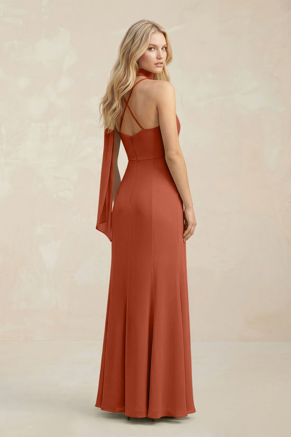 Cowl Neck Sheath Chiffon Maxi Bridesmaid Dress With Ribbon in Spice - KISS BRIDAL Bridesmaid Dresses
