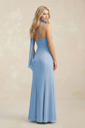 Cowl Neck Sheath Chiffon Maxi Bridesmaid Dress With Ribbon in Steel Blue (2) | KISSBRIDAL