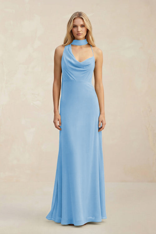 Cowl Neck Sheath Chiffon Maxi Bridesmaid Dress With Ribbon in Steel Blue - SHE IS ME Bridesmaid Dresses