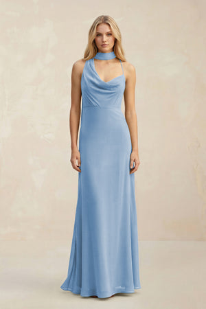 Cowl Neck Sheath Chiffon Maxi Bridesmaid Dress With Ribbon in Steel Blue | KISSBRIDAL