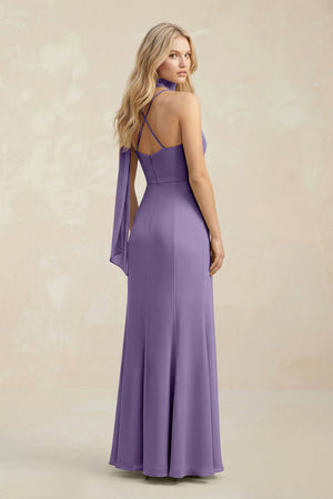 Cowl Neck Sheath Chiffon Maxi Bridesmaid Dress With Ribbon in Tahiti (2) | KISSBRIDAL