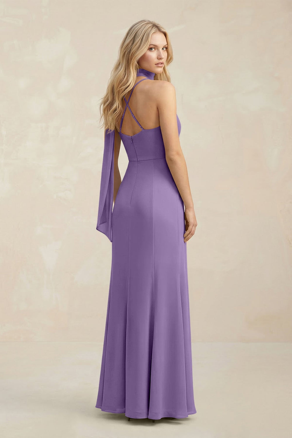 Cowl Neck Sheath Chiffon Maxi Bridesmaid Dress With Ribbon in Tahiti - KISS BRIDAL Bridesmaid Dresses