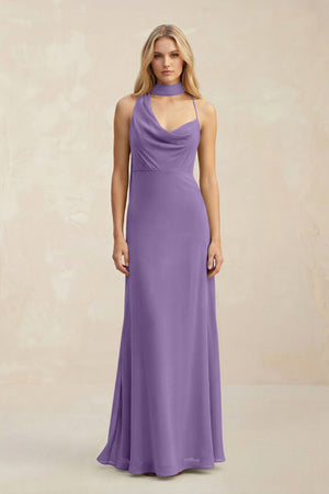 Cowl Neck Sheath Chiffon Maxi Bridesmaid Dress With Ribbon in Tahiti - SHE IS ME Bridesmaid Dresses