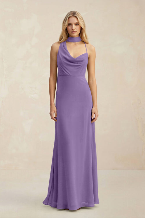 Cowl Neck Sheath Chiffon Maxi Bridesmaid Dress With Ribbon in Tahiti - SHE IS ME Bridesmaid Dresses