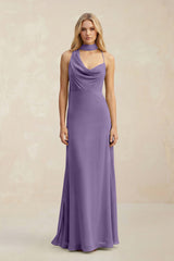 Cowl Neck Sheath Chiffon Maxi Bridesmaid Dress With Ribbon in Tahiti | KISSBRIDAL
