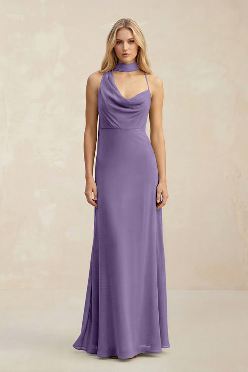 Cowl Neck Sheath Chiffon Maxi Bridesmaid Dress With Ribbon in Tahiti | KISSBRIDAL