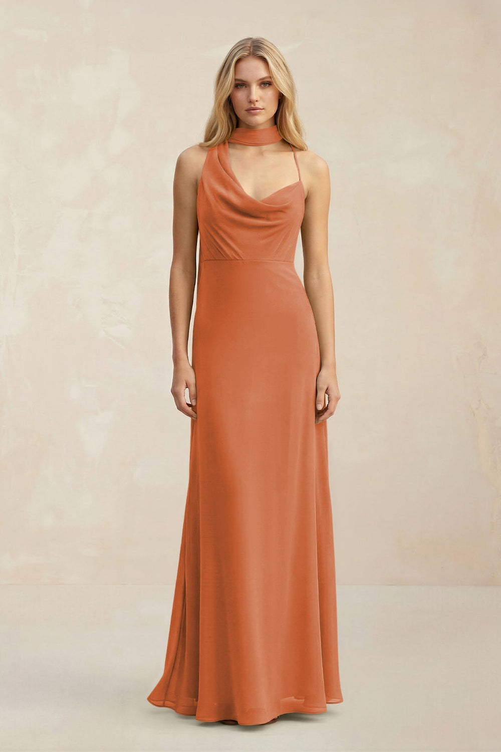 Cowl Neck Sheath Chiffon Maxi Bridesmaid Dress With Ribbon in Terracotta - KISS BRIDAL Bridesmaid Dresses