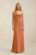 Cowl Neck Sheath Chiffon Maxi Bridesmaid Dress With Ribbon in Terracotta - SHE IS ME Bridesmaid Dresses