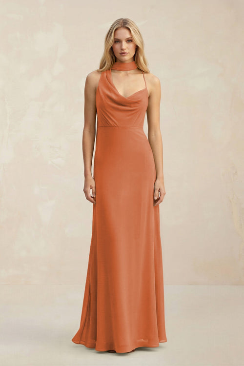 Cowl Neck Sheath Chiffon Maxi Bridesmaid Dress With Ribbon in Terracotta - SHE IS ME Bridesmaid Dresses