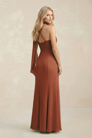 Cowl Neck Sheath Chiffon Maxi Bridesmaid Dress With Ribbon in Terracotta (2) | KISSBRIDAL