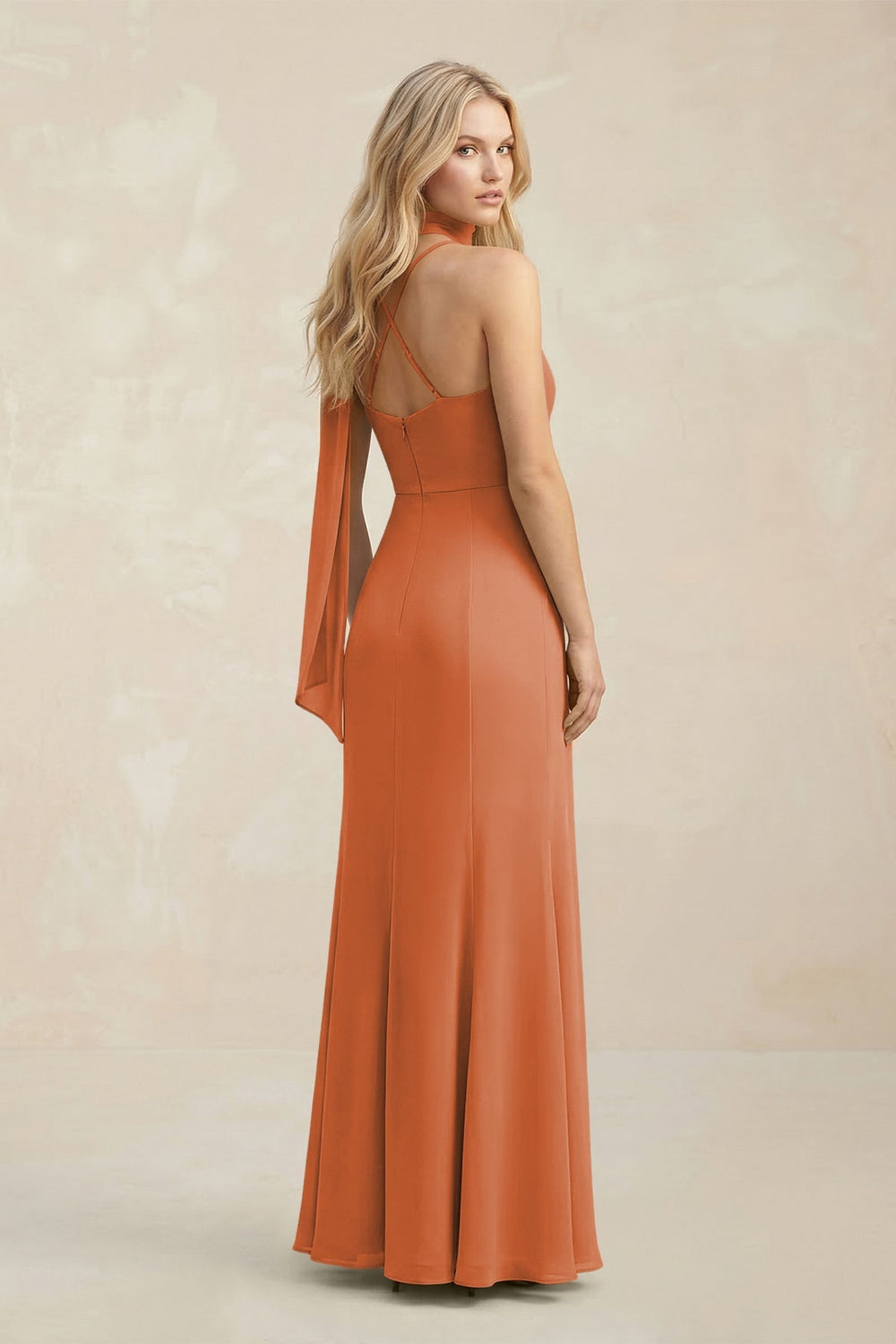 Cowl Neck Sheath Chiffon Maxi Bridesmaid Dress With Ribbon in Terracotta - KISS BRIDAL Bridesmaid Dresses