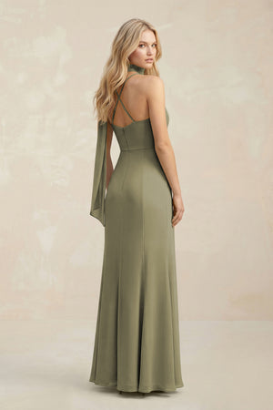 Cowl Neck Sheath Chiffon Maxi Bridesmaid Dress With Ribbon in Thyme (2) | KISSBRIDAL