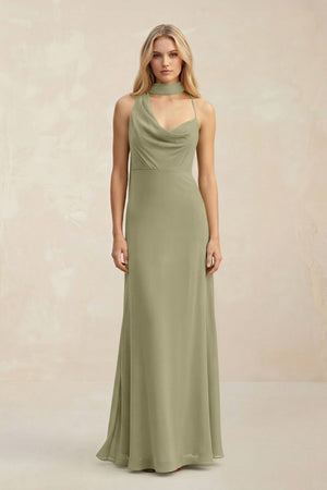 Cowl Neck Sheath Chiffon Maxi Bridesmaid Dress With Ribbon in Thyme - SHE IS ME Bridesmaid Dresses