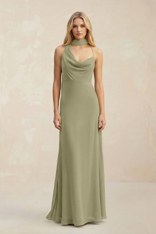 Cowl Neck Sheath Chiffon Maxi Bridesmaid Dress With Ribbon in Thyme - SHE IS ME Bridesmaid Dresses