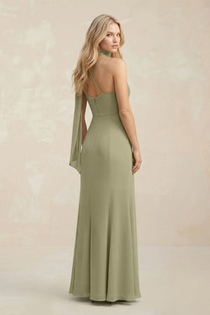 Cowl Neck Sheath Chiffon Maxi Bridesmaid Dress With Ribbon in Thyme - SHE IS ME Bridesmaid Dresses