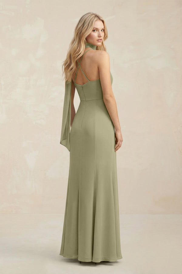 Cowl Neck Sheath Chiffon Maxi Bridesmaid Dress With Ribbon in Thyme - SHE IS ME Bridesmaid Dresses