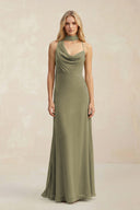 Cowl Neck Sheath Chiffon Maxi Bridesmaid Dress With Ribbon in Thyme | KISSBRIDAL