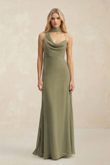 Cowl Neck Sheath Chiffon Maxi Bridesmaid Dress With Ribbon in Thyme | KISSBRIDAL