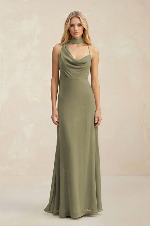 Cowl Neck Sheath Chiffon Maxi Bridesmaid Dress With Ribbon in Thyme | KISSBRIDAL