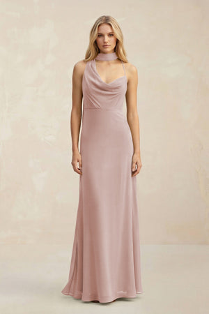Cowl Neck Sheath Chiffon Maxi Bridesmaid Dress With Ribbon in Toffee - SHE IS ME Bridesmaid Dresses